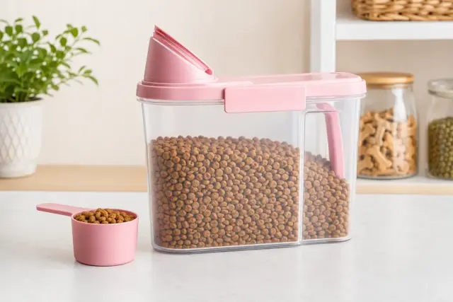 Illustrative image of 2.5L airtight pet food storage container with cup